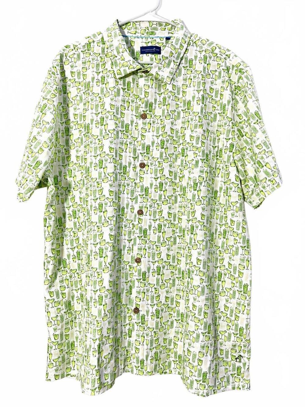 Caribbean‎ Joe Men's XXL Green Cocktail Print Button Up Shirt Resort Casual